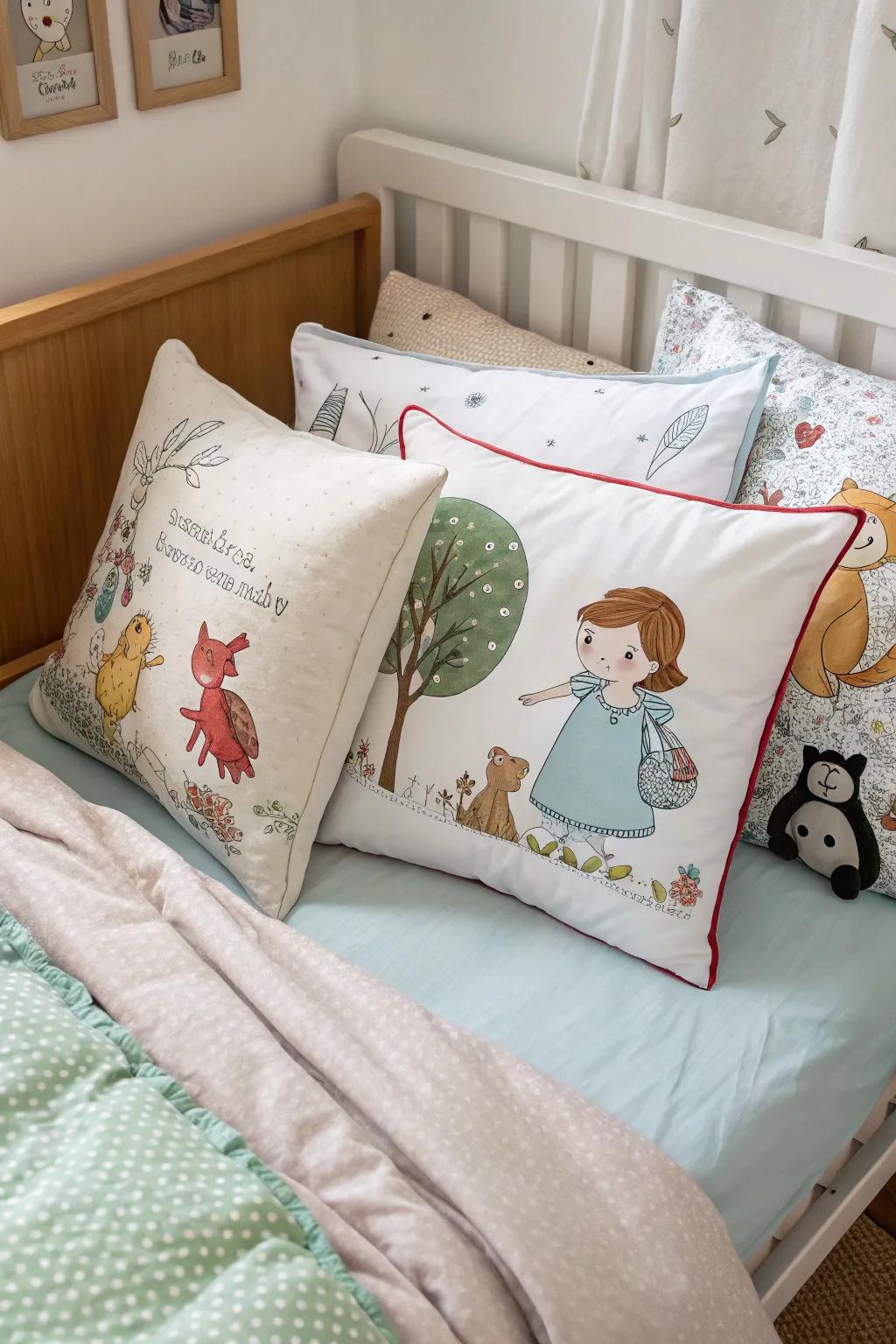 Cuddling up with story-filled cushions for sweet dreams.