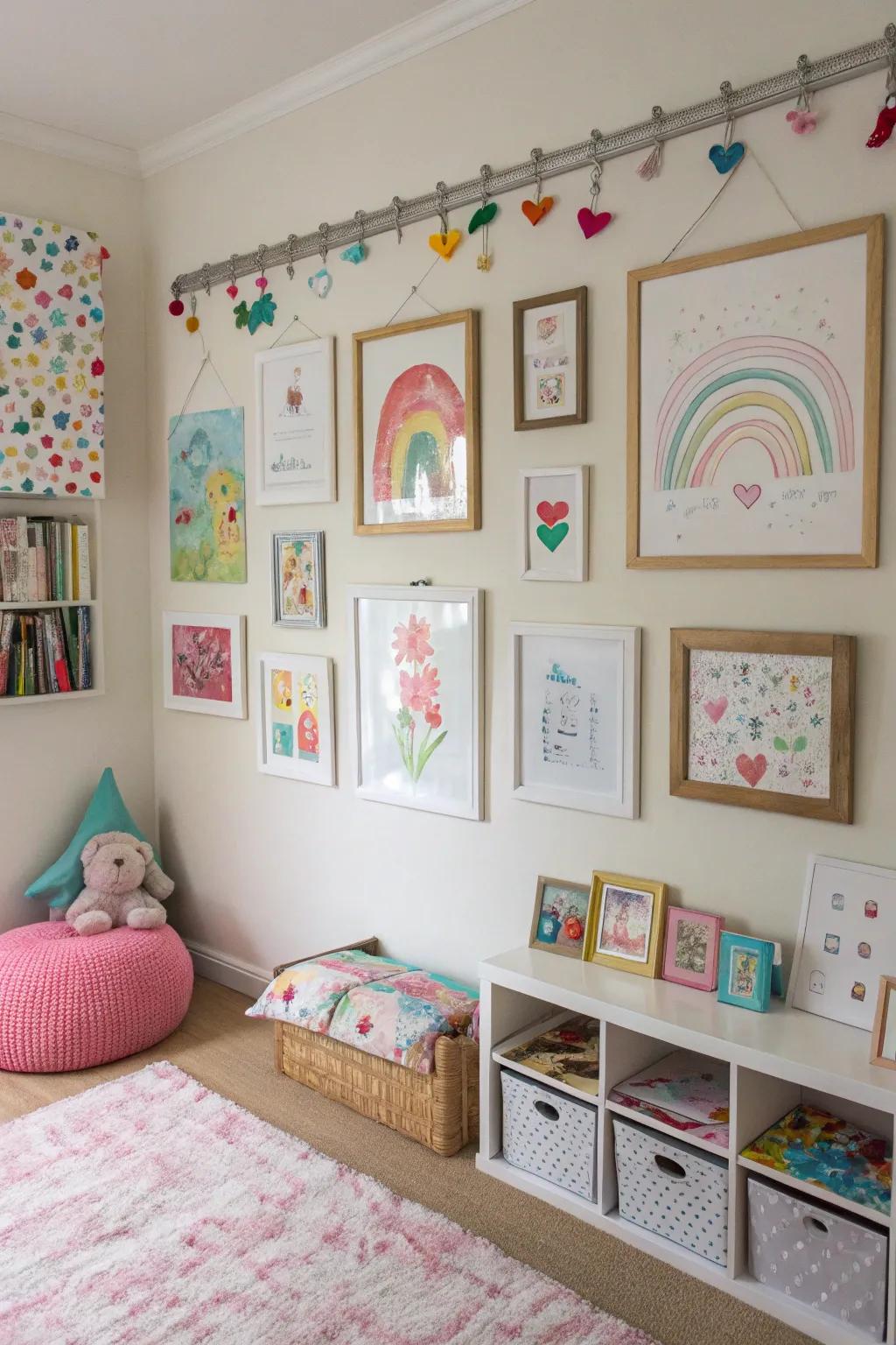 A homemade art display highlights her ingenuity.