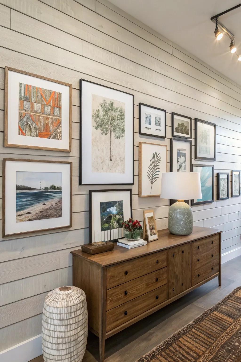 A shiplap backdrop that perfectly highlights featured art pieces.