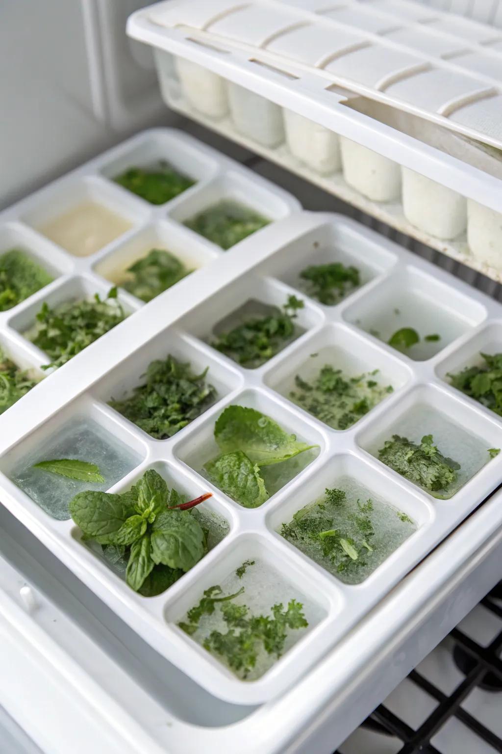Ice cube trays featuring frozen herbs in a top freezer, preserving fresh flavors for cooking delights.