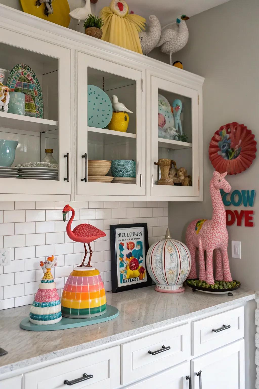 Incorporate a playful element through whimsical decorations displayed above your cabinets.