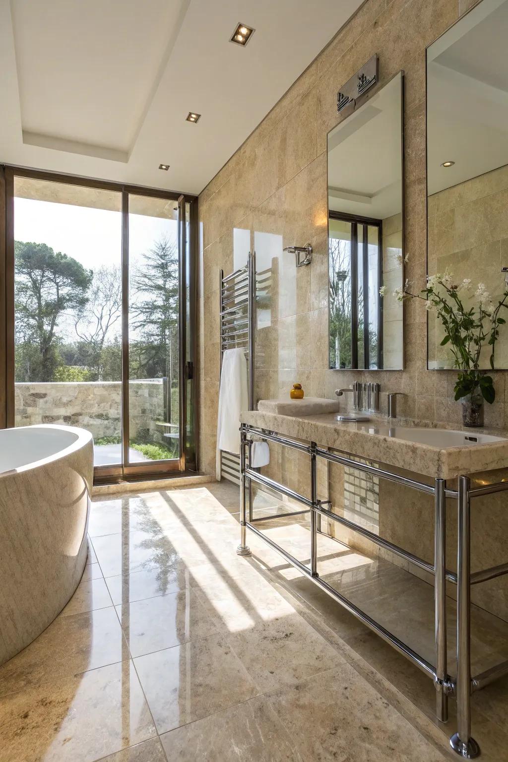 A dynamic travertine bathroom featuring blended mediums like metal and glass.