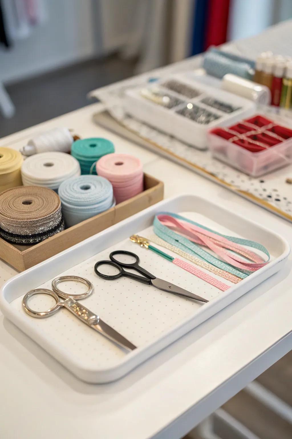 An orderly crafting niche exhibiting a creatively organized tray.