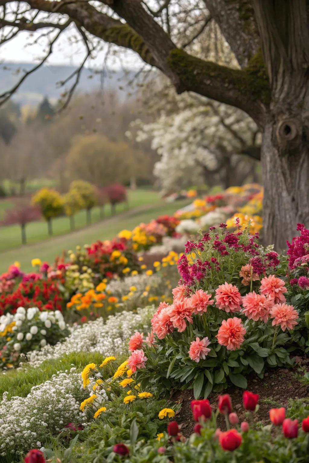 Seasonal blooms sustain the vibrancy of your tree's setting all year.