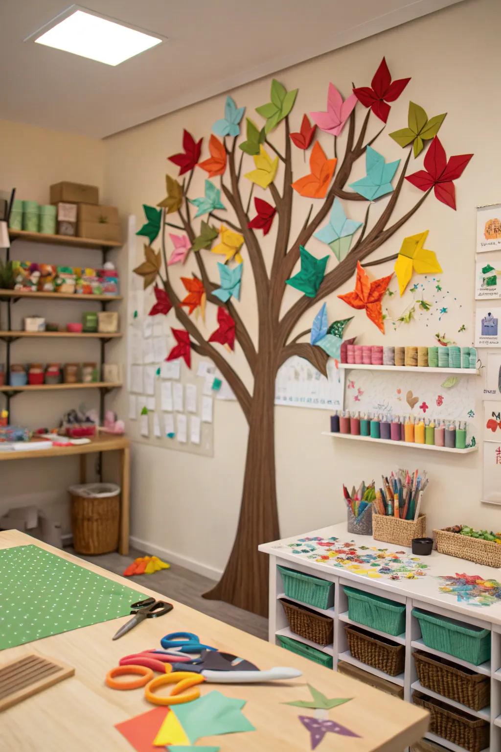 A paper art tree notice board featuring origami foliage.