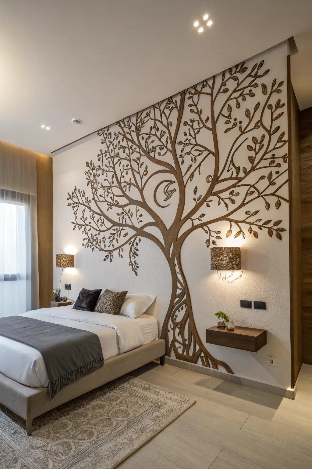 An Arbor Vitae wall sticker elevates a modern bedroom.