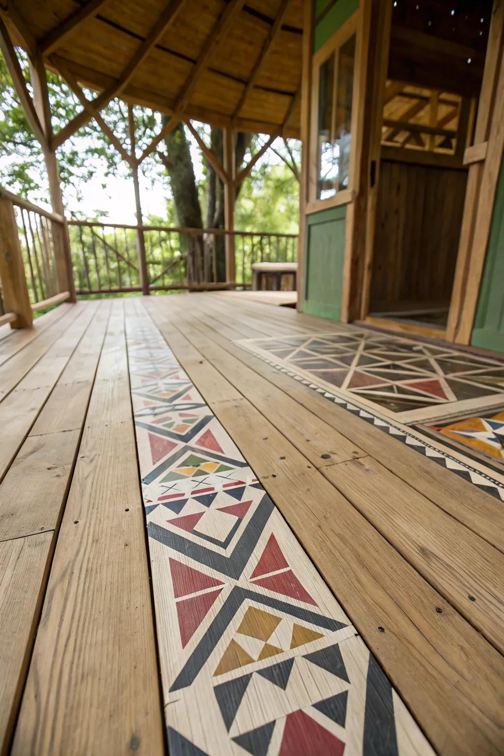Unique flooring inside a treehouse, featuring a geometric pattern painted on wood planks.