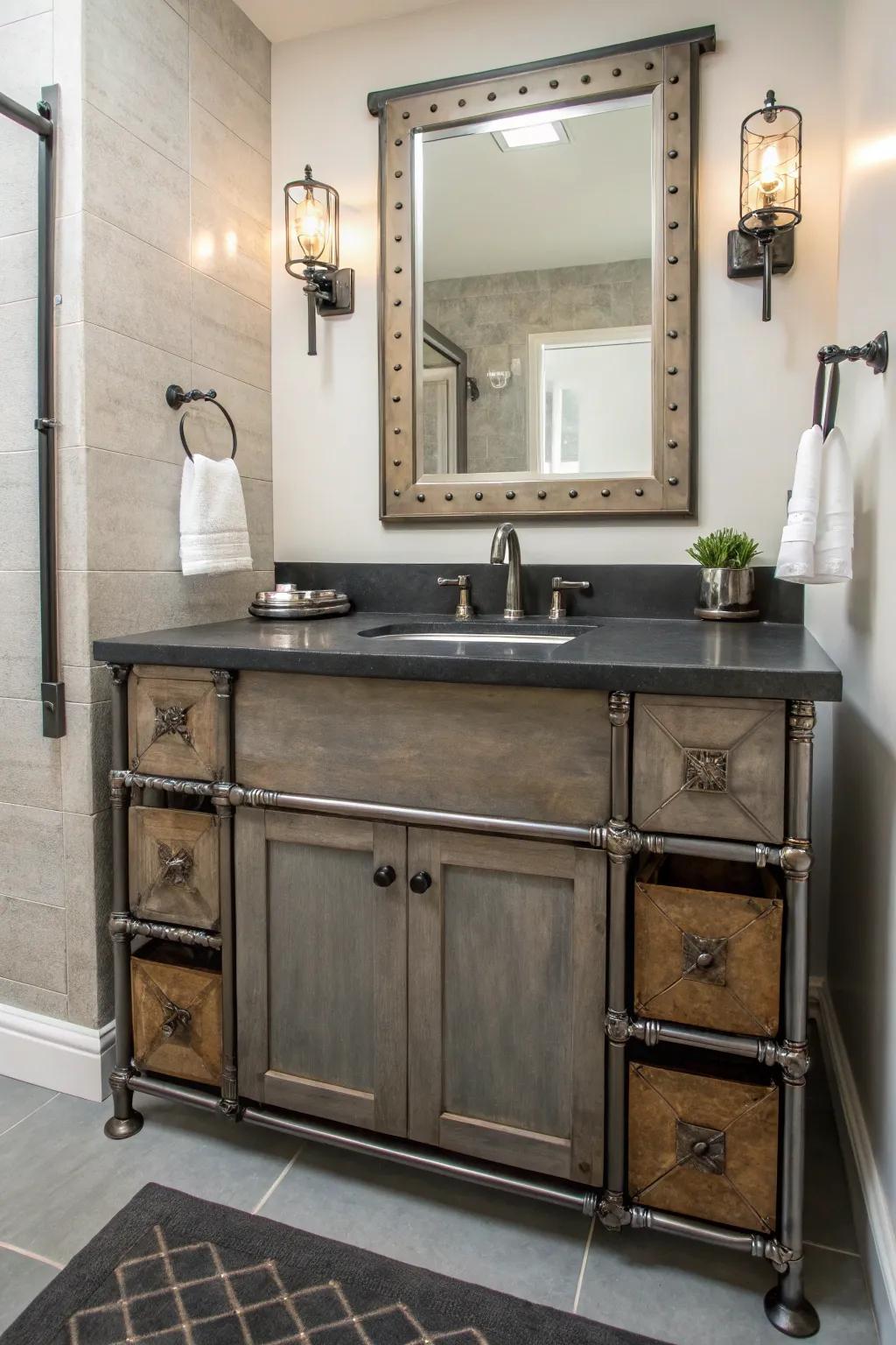 A bathroom featuring a vanity with metal features for an industrial chic aesthetic.
