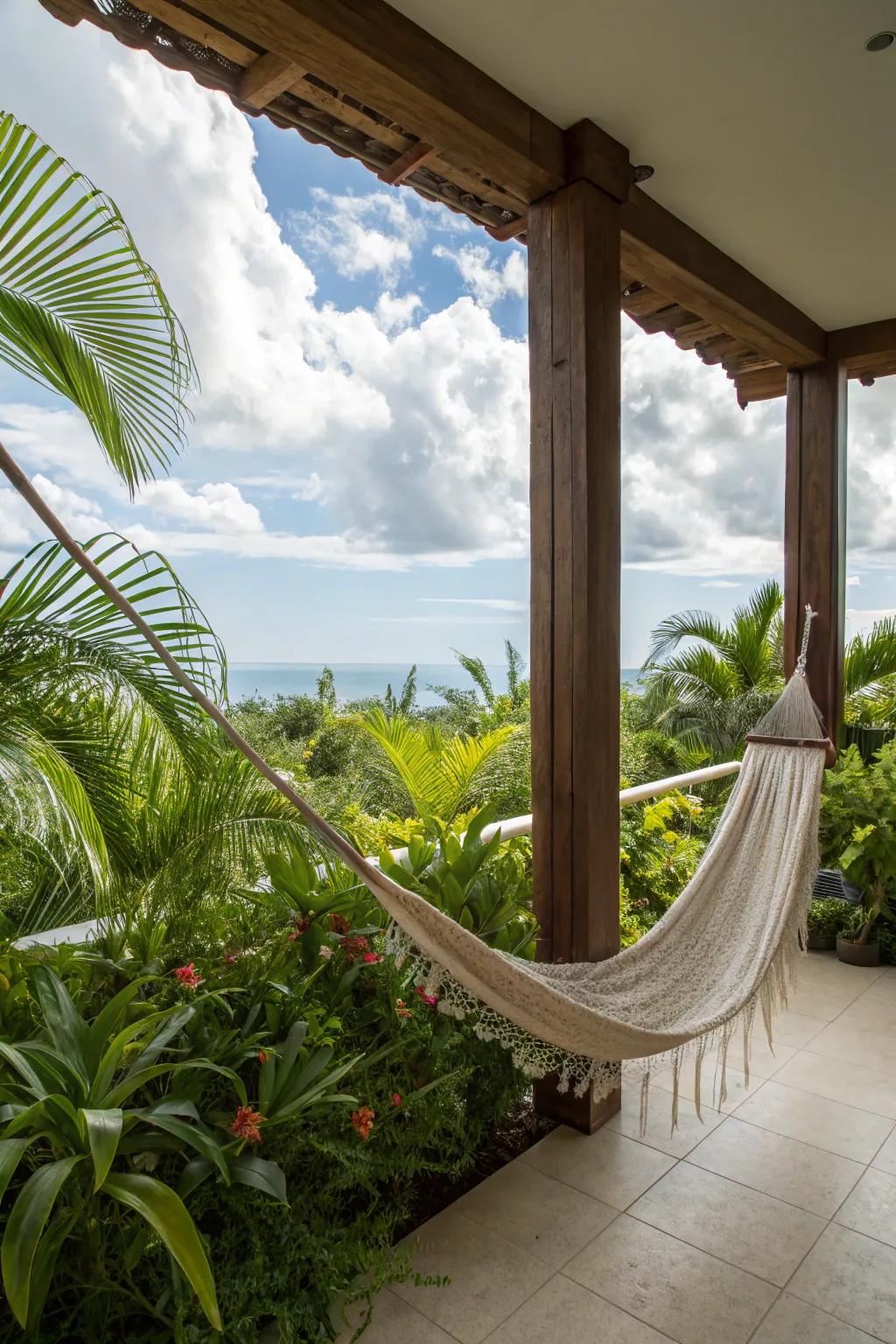 Relax in a hammock surrounded by lush greenery.