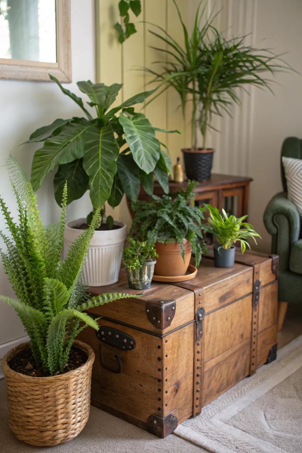 A trunk elevates plants beautifully, establishing a vibrant indoor garden.