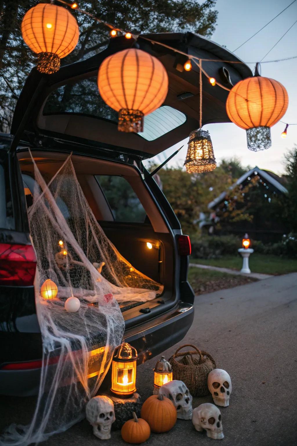 Threaded lanterns add a haunting glow.