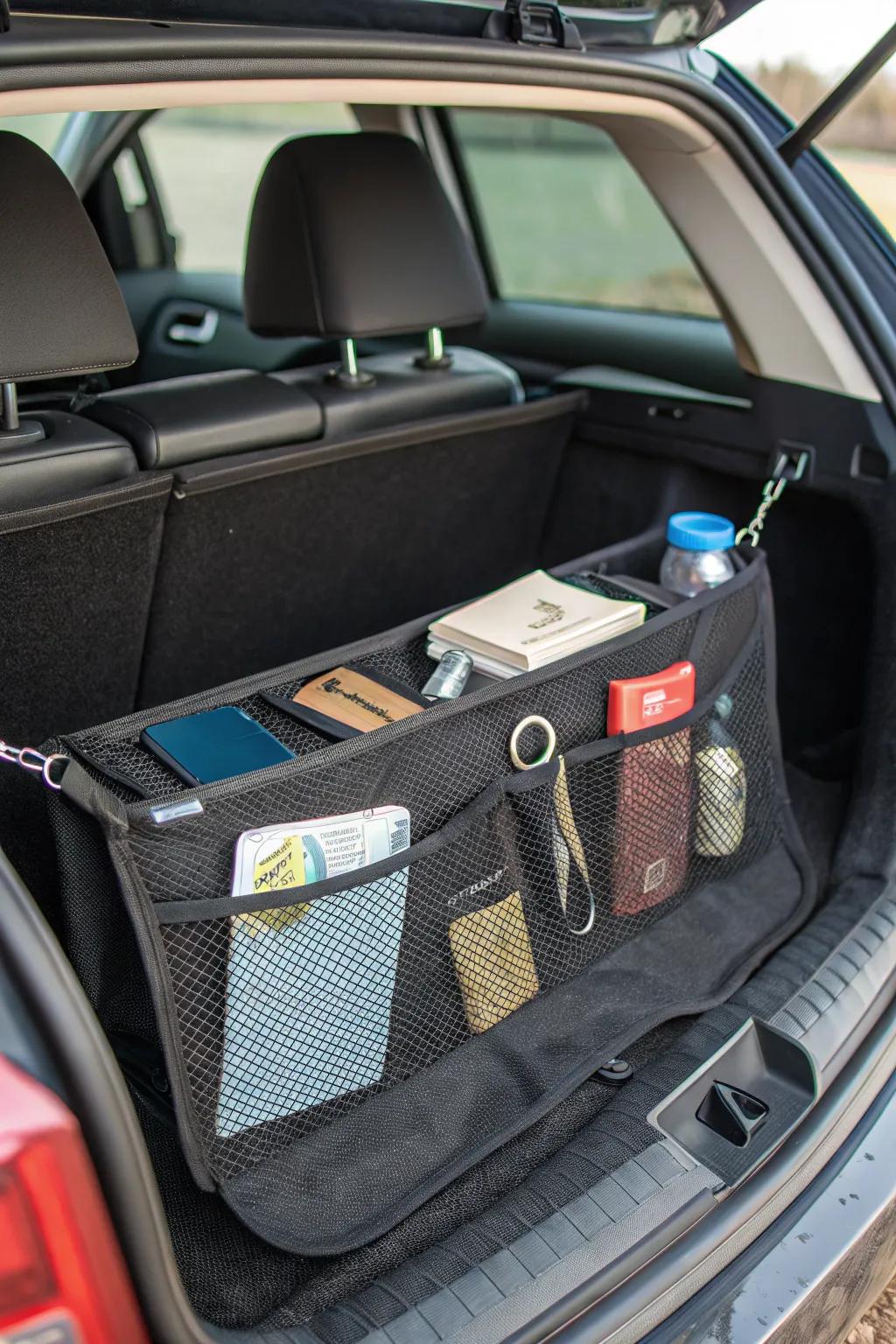 Mesh sleeves on sidewalls for arranging small items in the trunk.