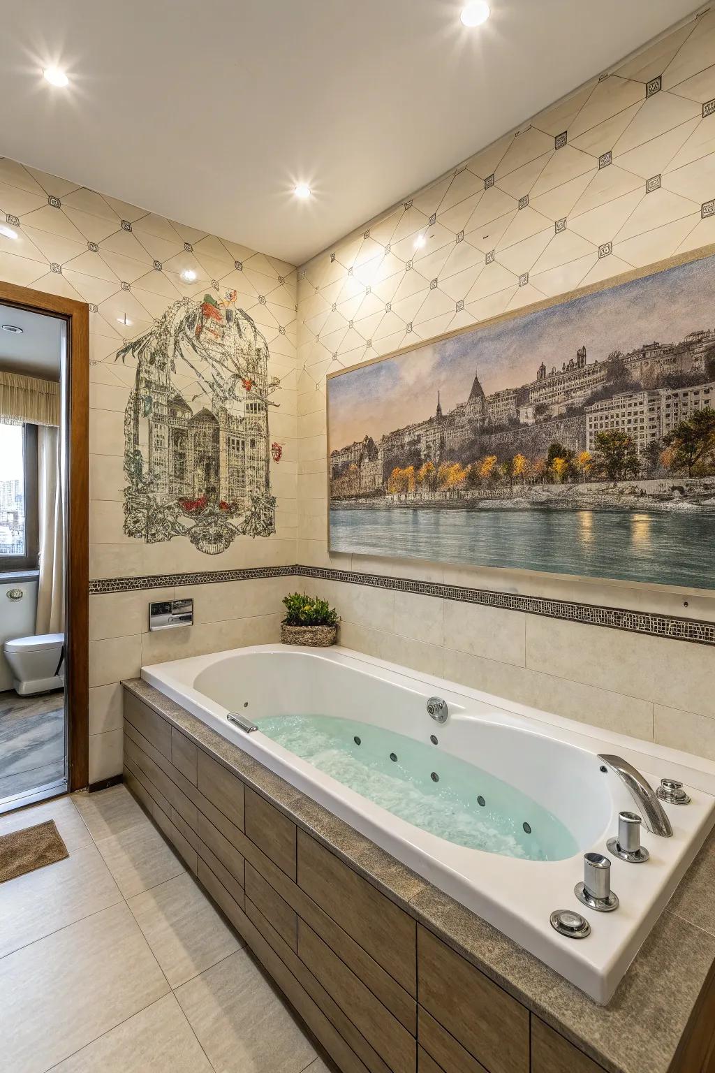 A tub deck enhanced by artistic wall art.