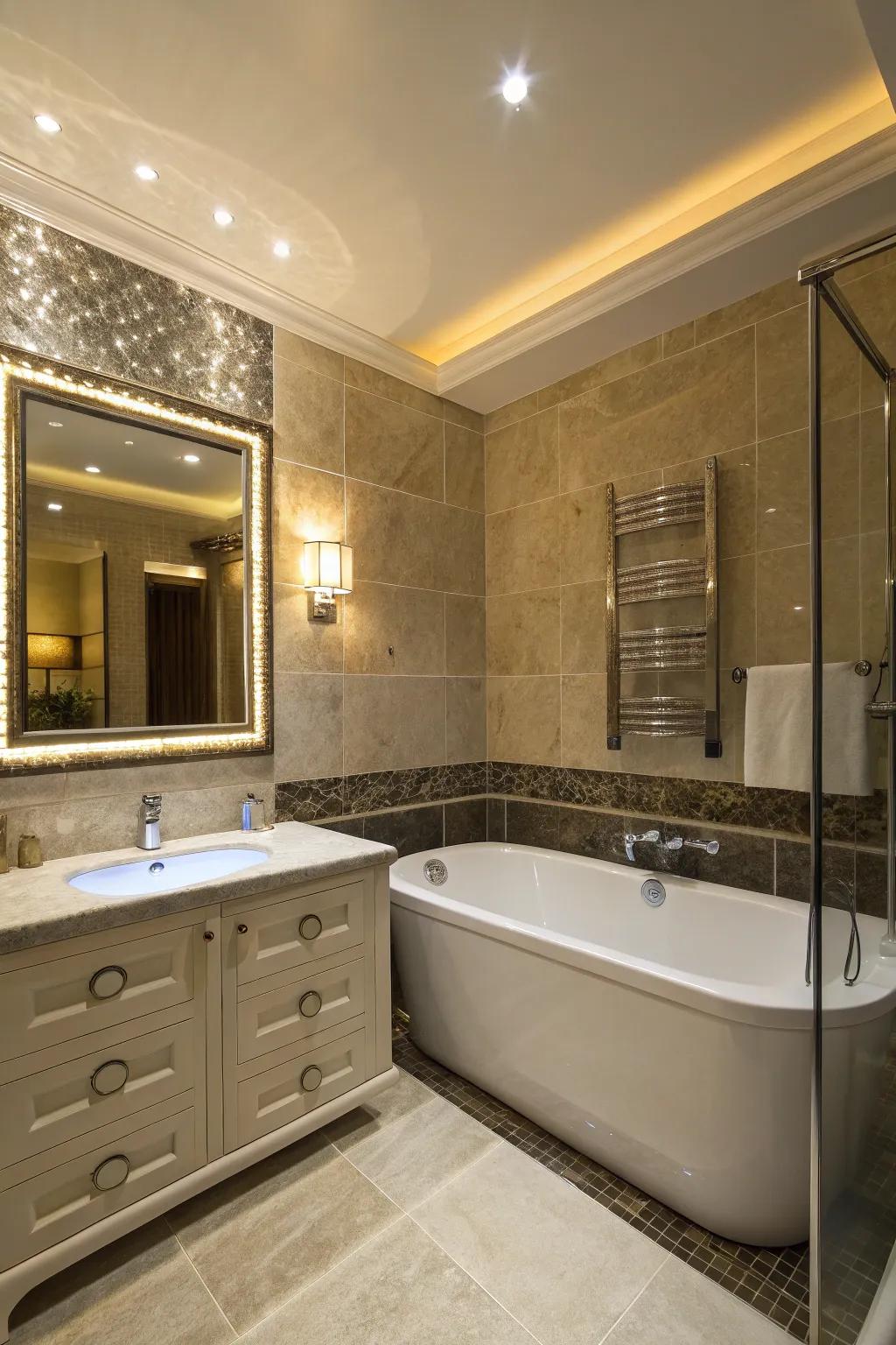 Highlight illumination enhances the atmosphere in this stylish bathroom.