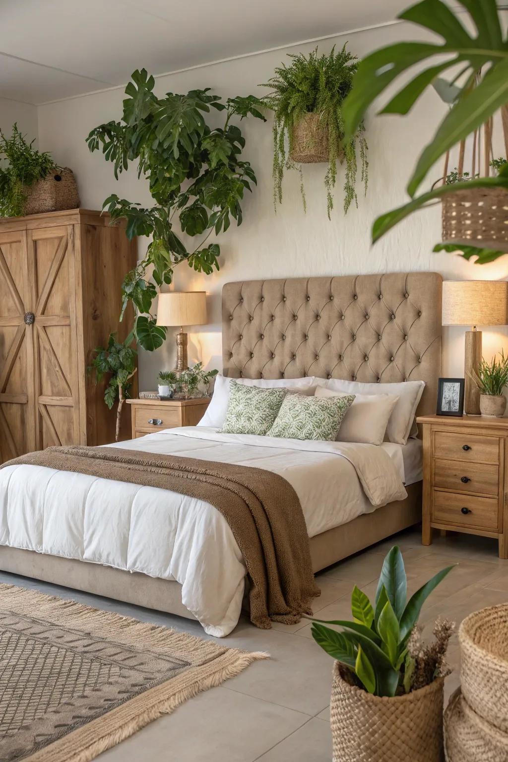 A nature-inspired bedroom showcasing a calming tufted headboard.