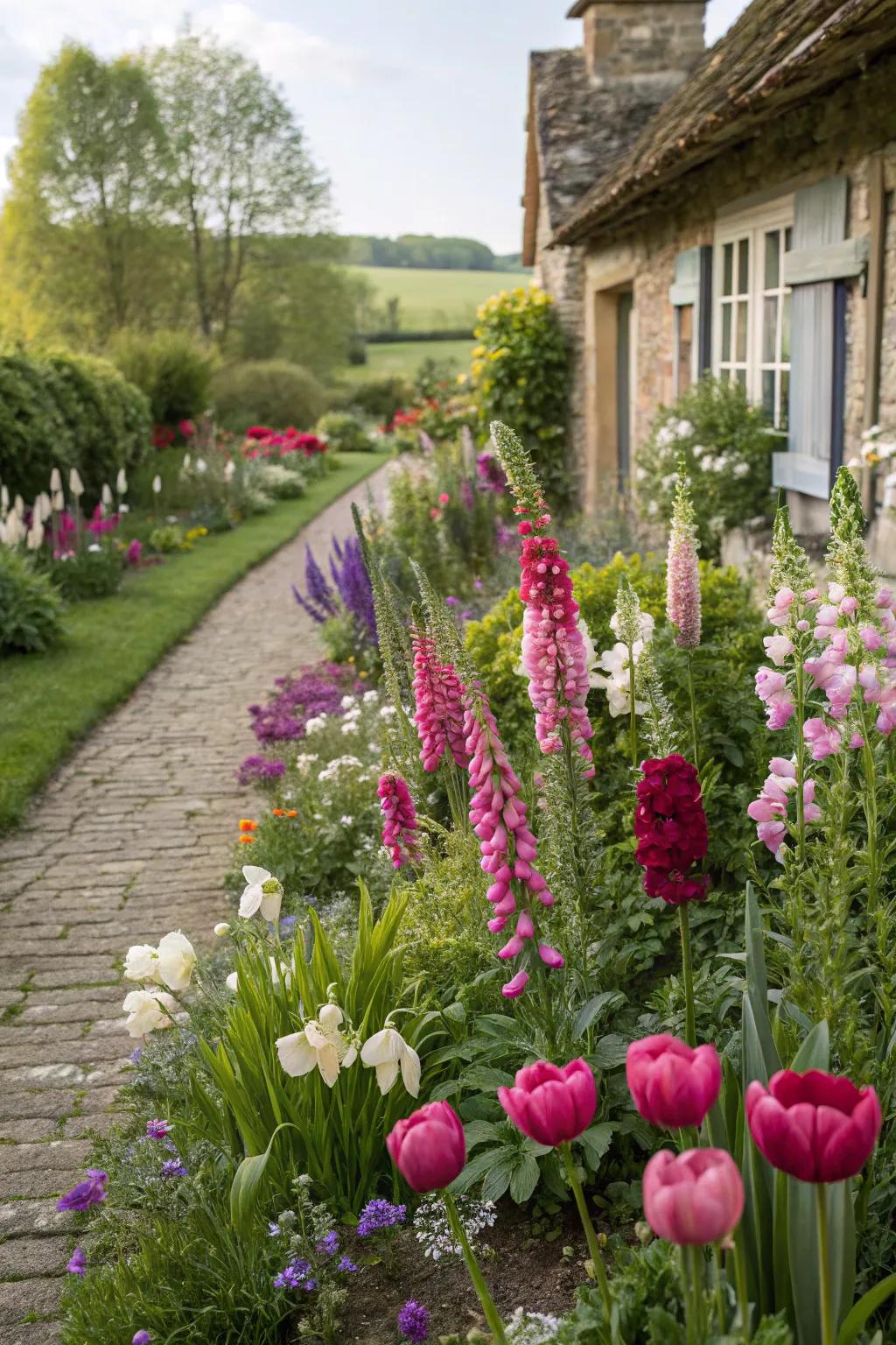 A cottage garden setting with tulips and flowers, evoking a classic charm.