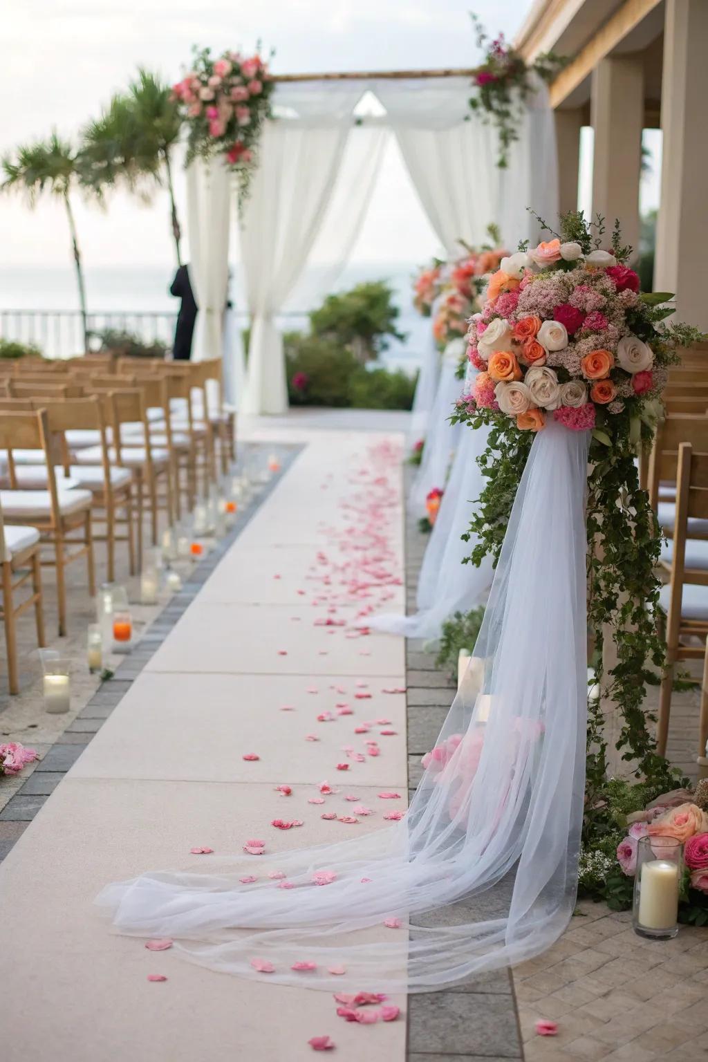 Stroll down an aisle of dreams with a netting overlay.