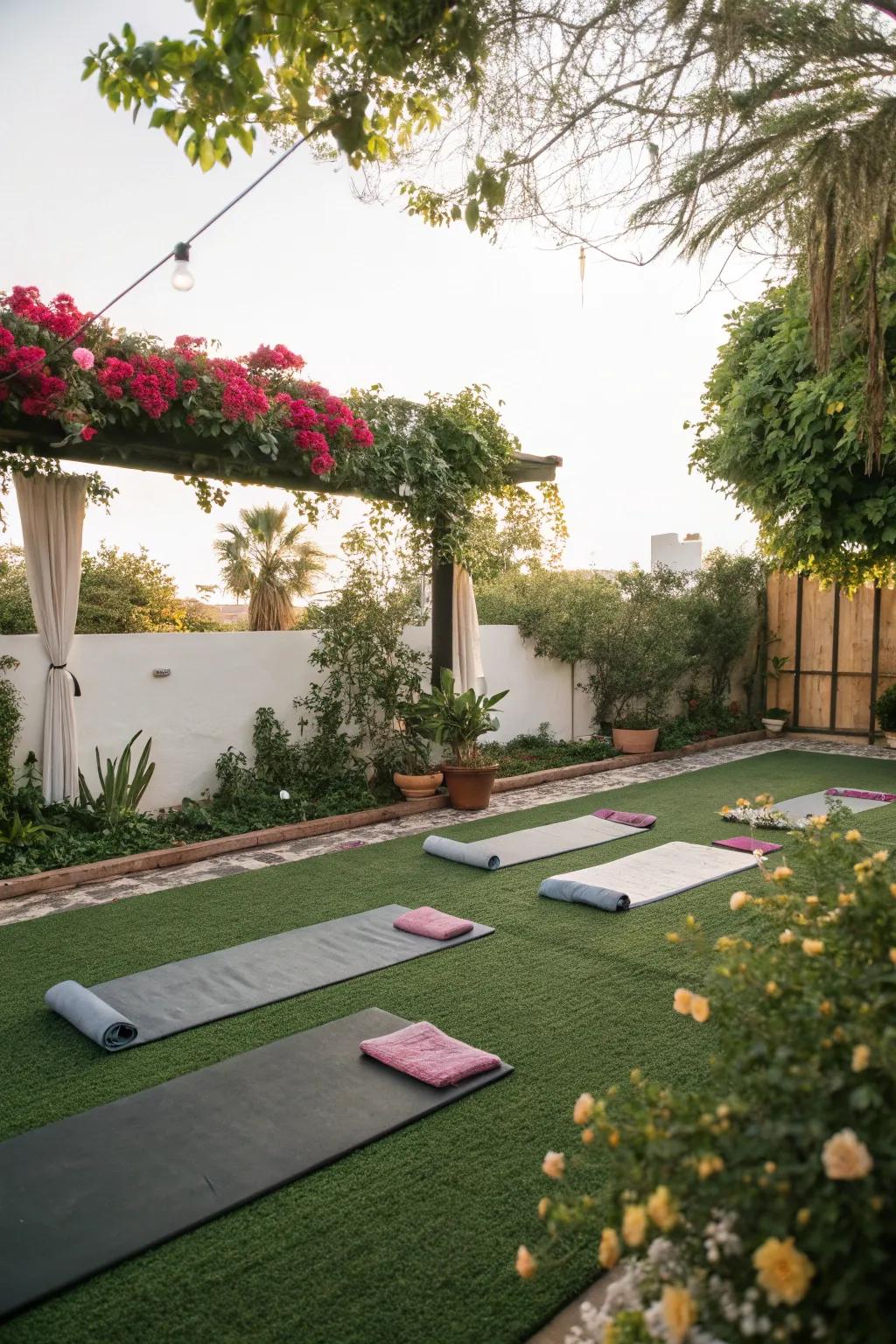 A peaceful yoga area located on a turf patio.