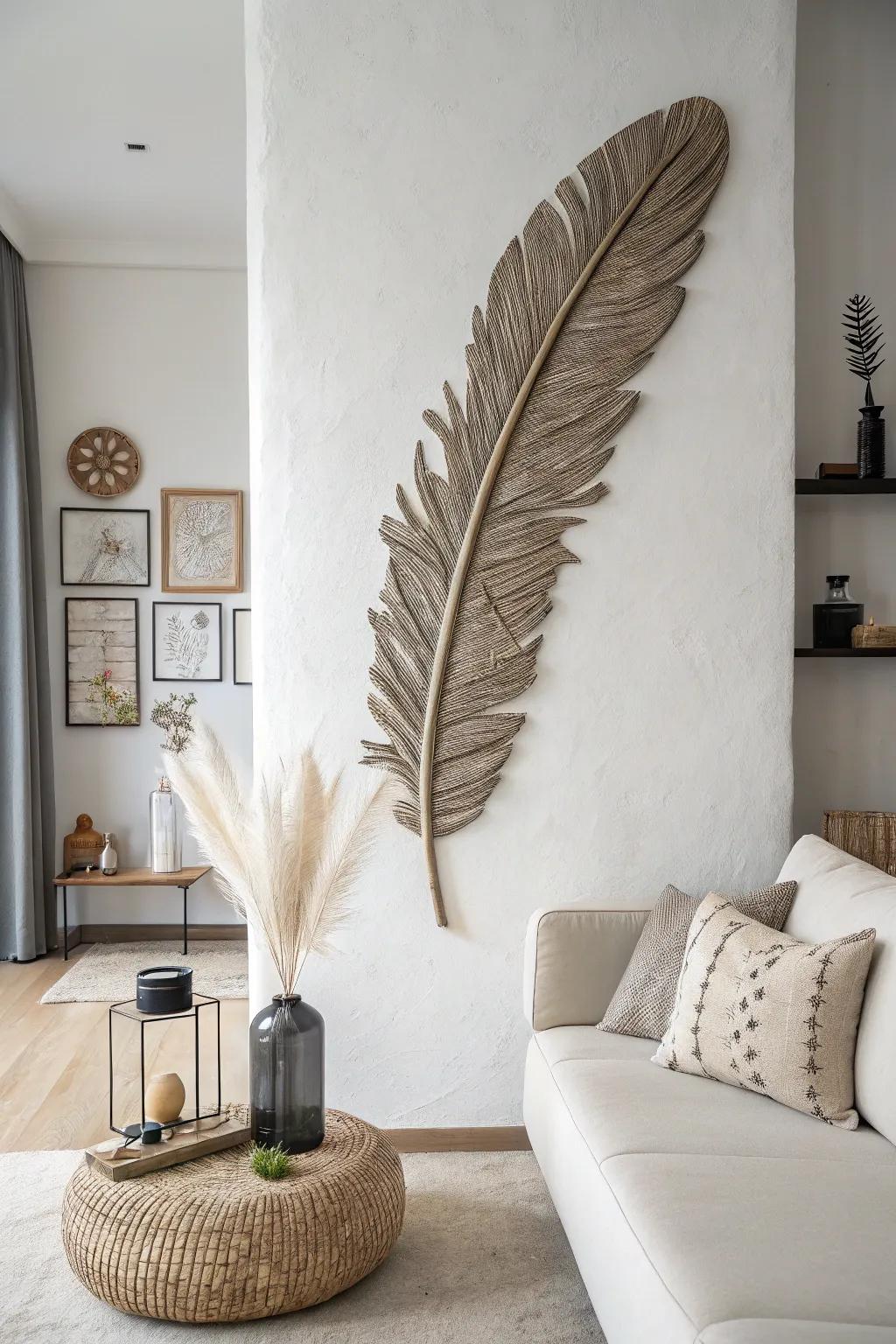 A minimalist wall sculpture eloquently featuring turkey feathers.