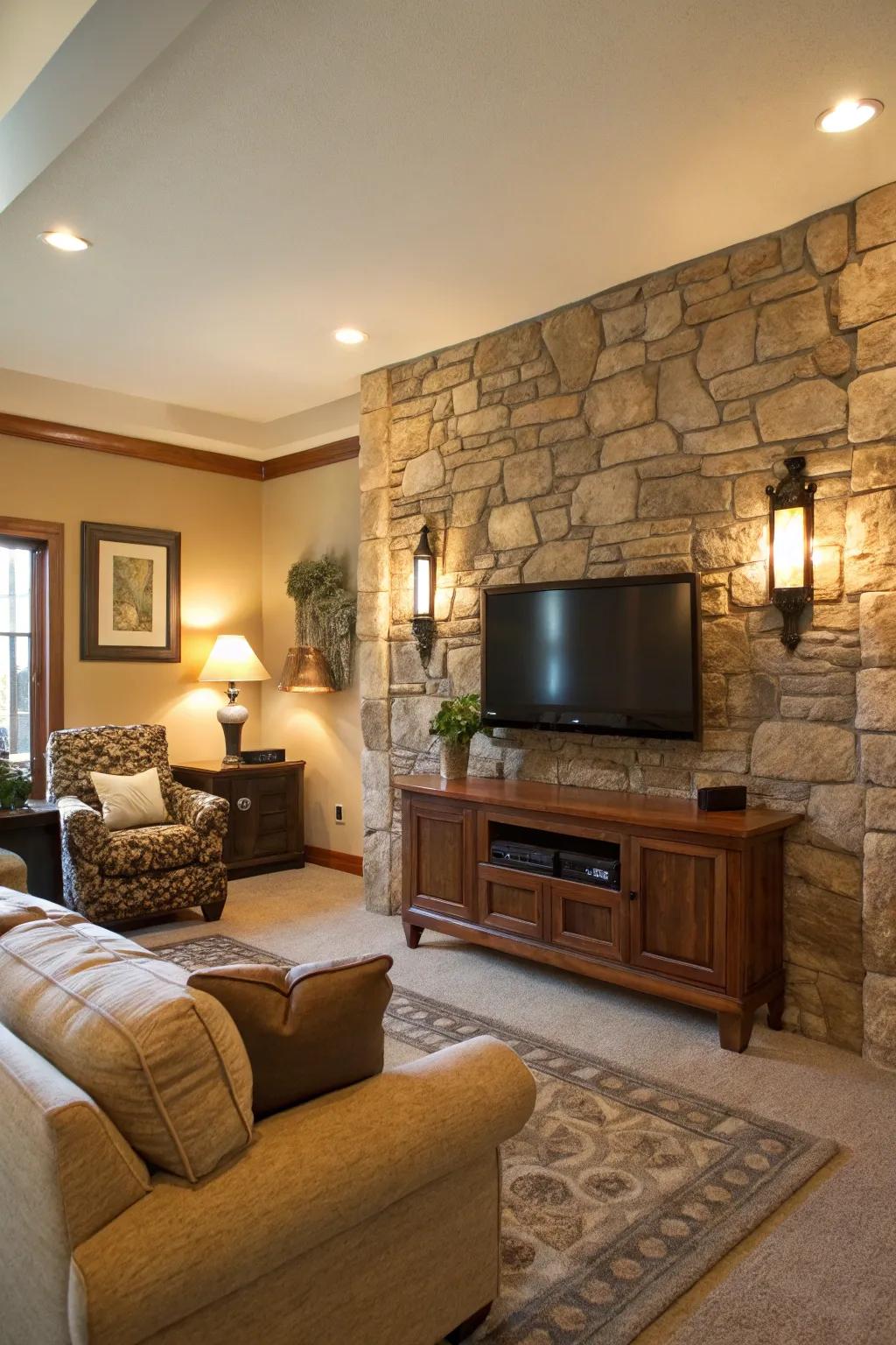 Inherent stone delivers elegance and timelessness to this TV feature wall.