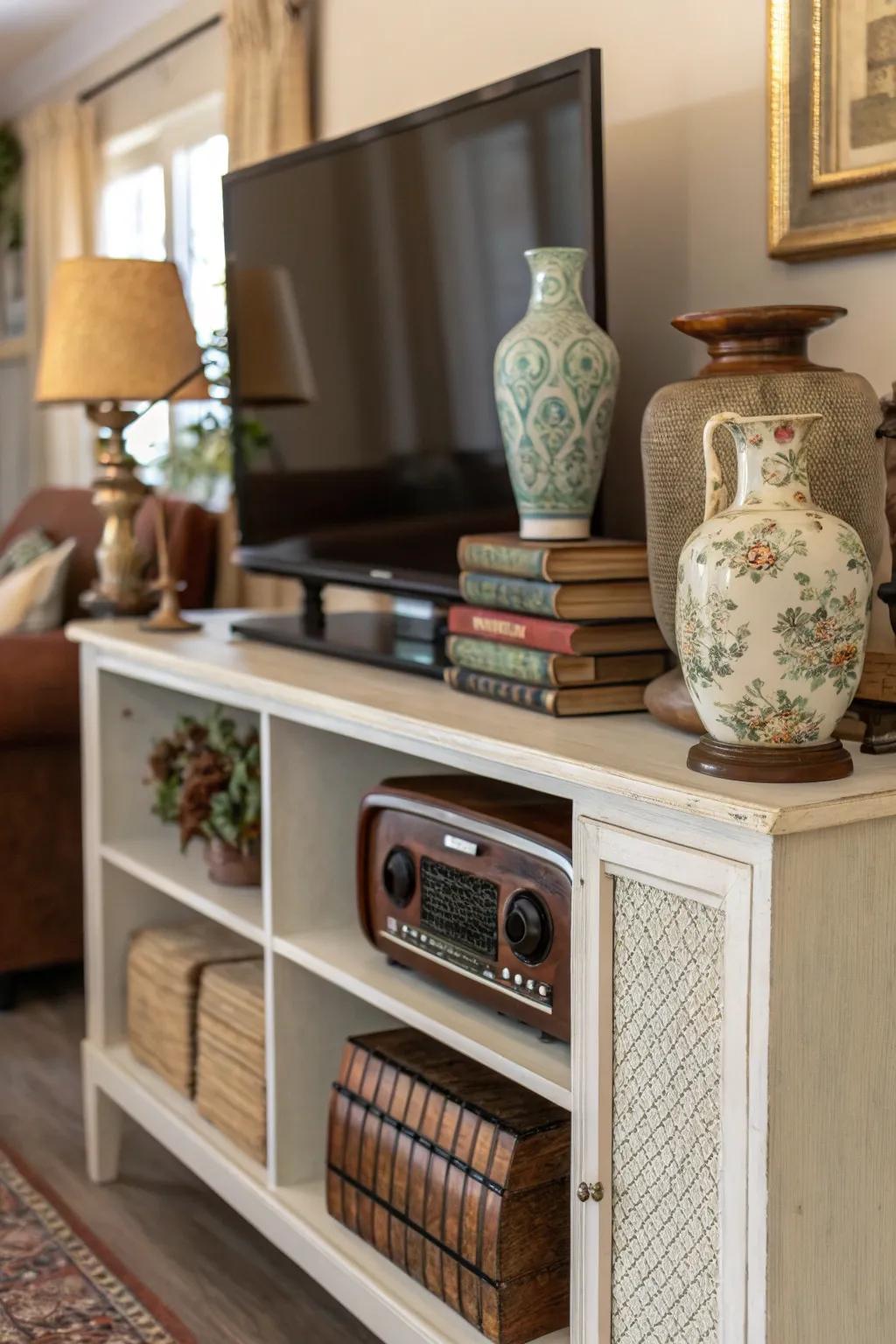 Vintage treasures enhancing a TV stand.