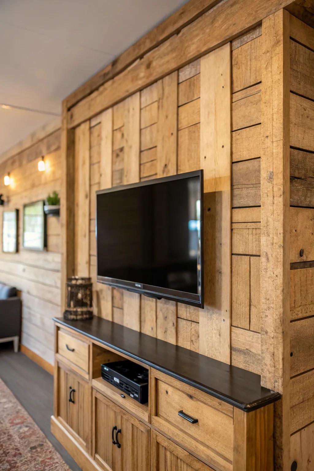 Aged wood panels provide retro appeal to this TV wall.