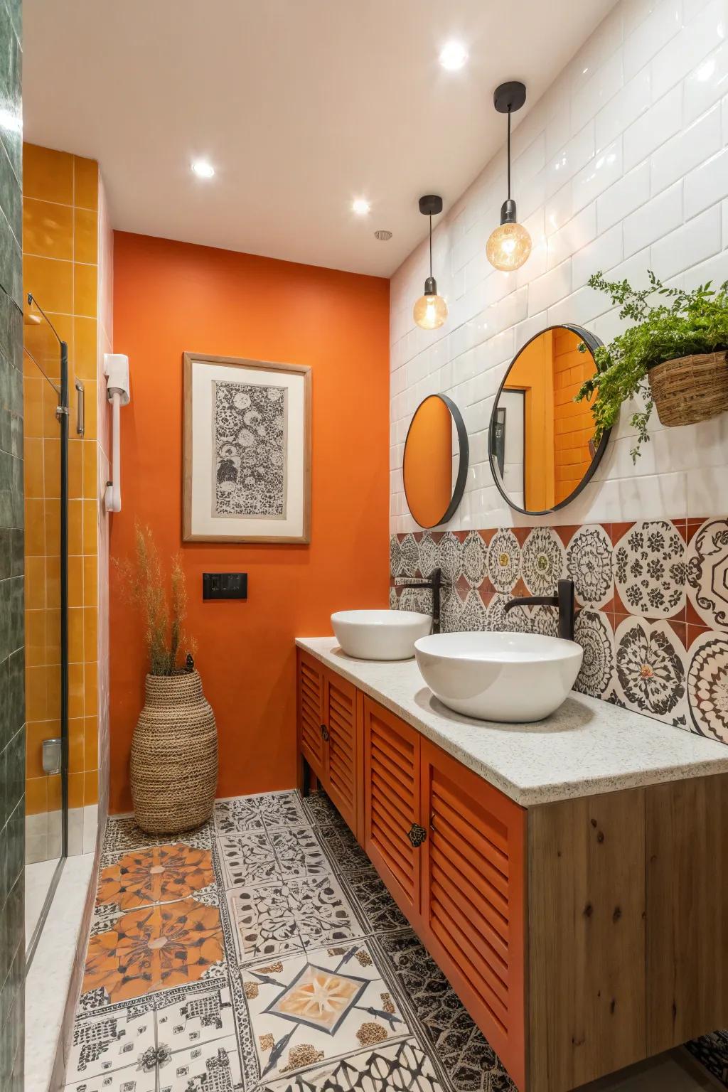 An energetic orange and white two-tone wall design that makes a bold statement.