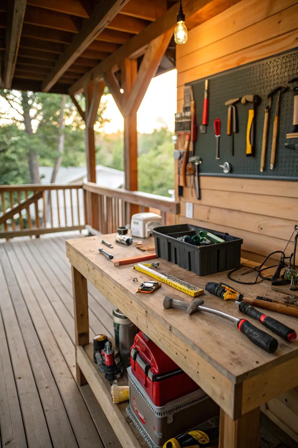 A country-style workshop beneath the deck, immaculate for DIY devotees.