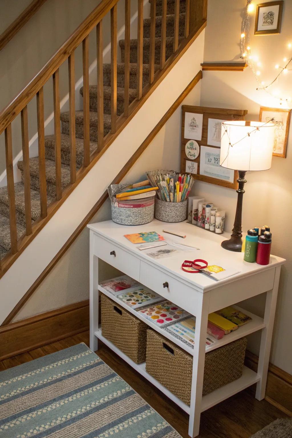 A lively art space beneath the staircase for creative activities.