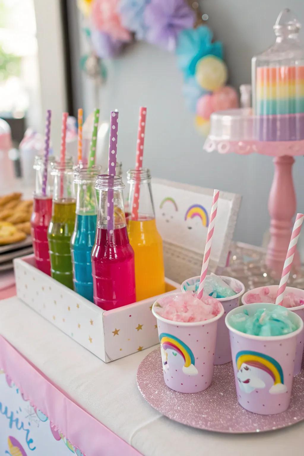 A bright unicorn quench depot with themed straws.