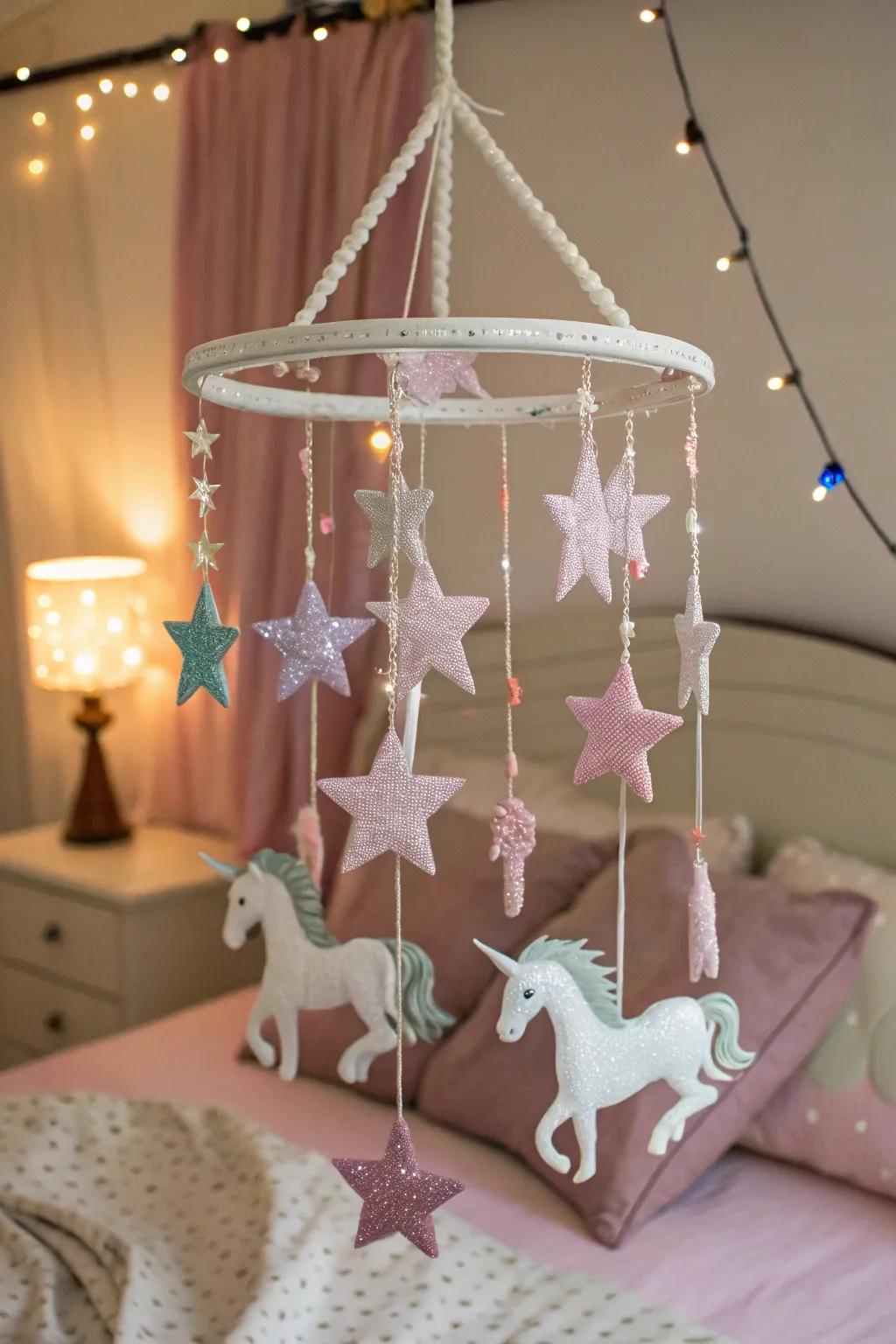 A mystical mobile adds enchantment above a bed.