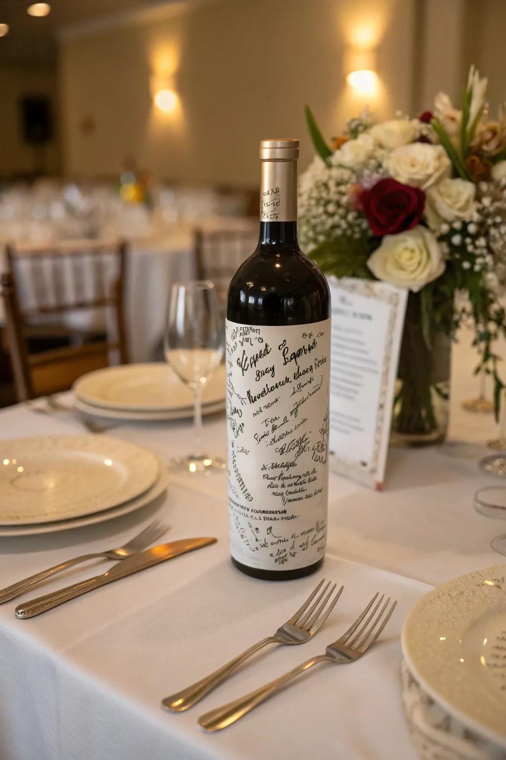 Attendees sign a wine bottle to be opened on a future anniversary.