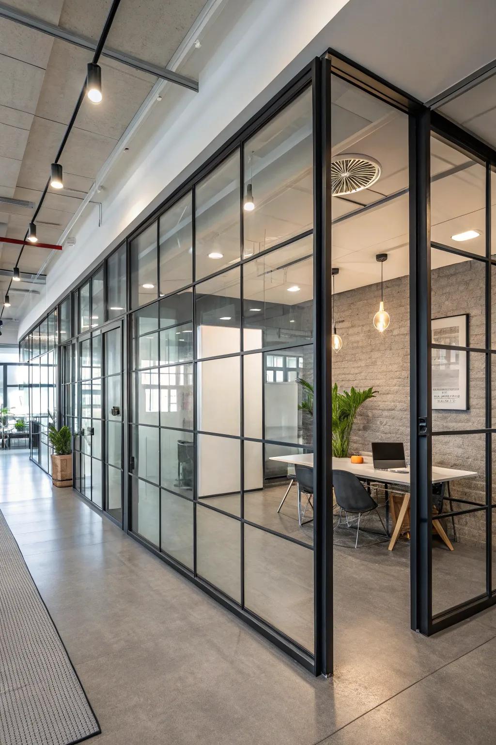 A glass and steel divider providing a modern, industrial look.