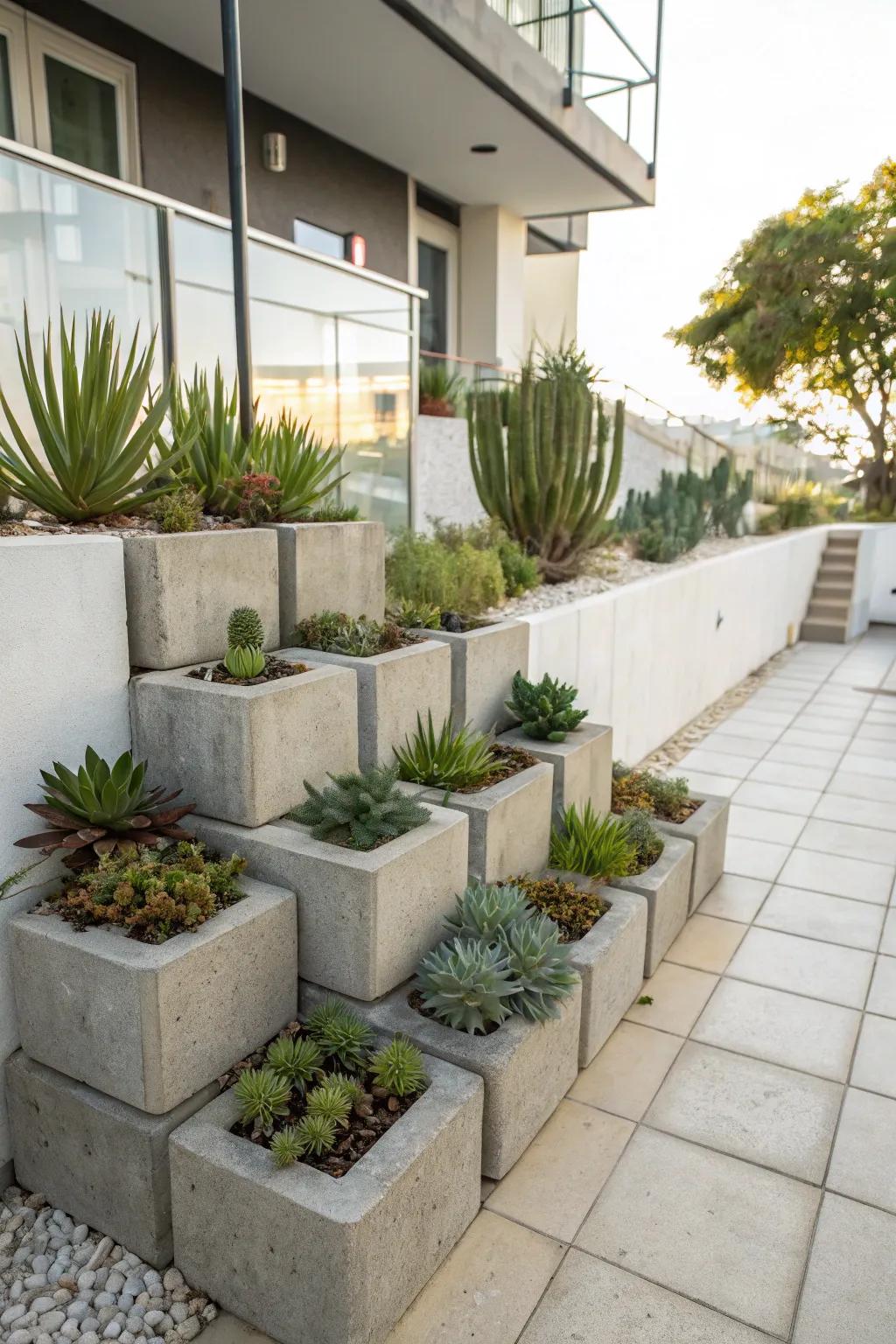 Cement blocks craft a minimalist, industrial-chic succulent sanctuary.