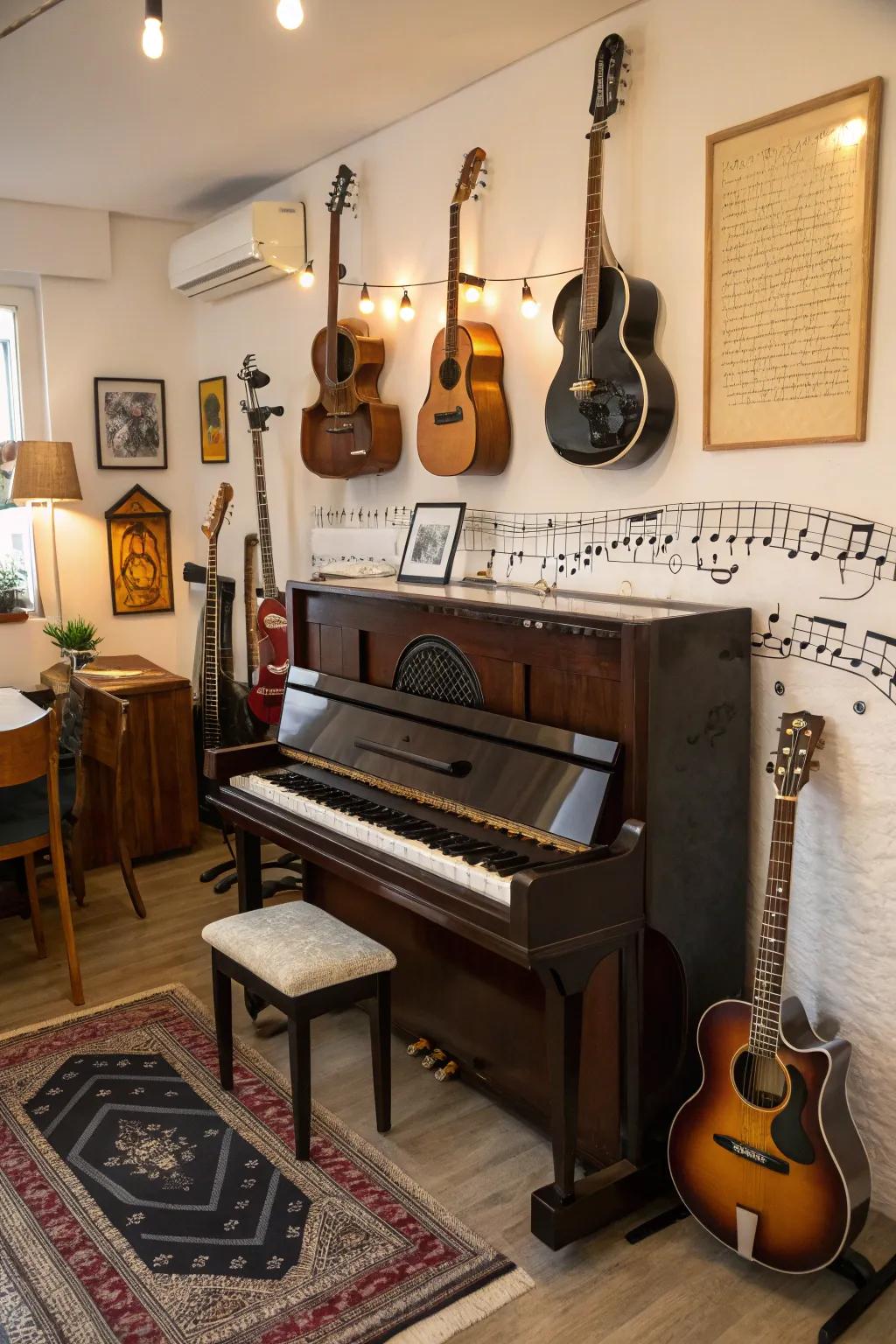 A music-inspired room featuring an upright piano complemented by other displayed instruments.