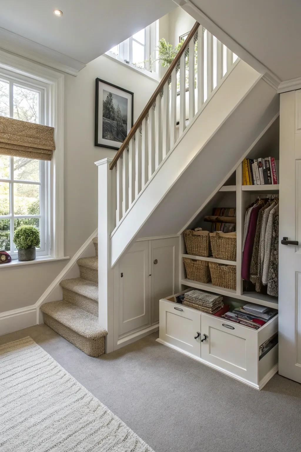 Hidden storage maintains style and functionality on the upper hallway.