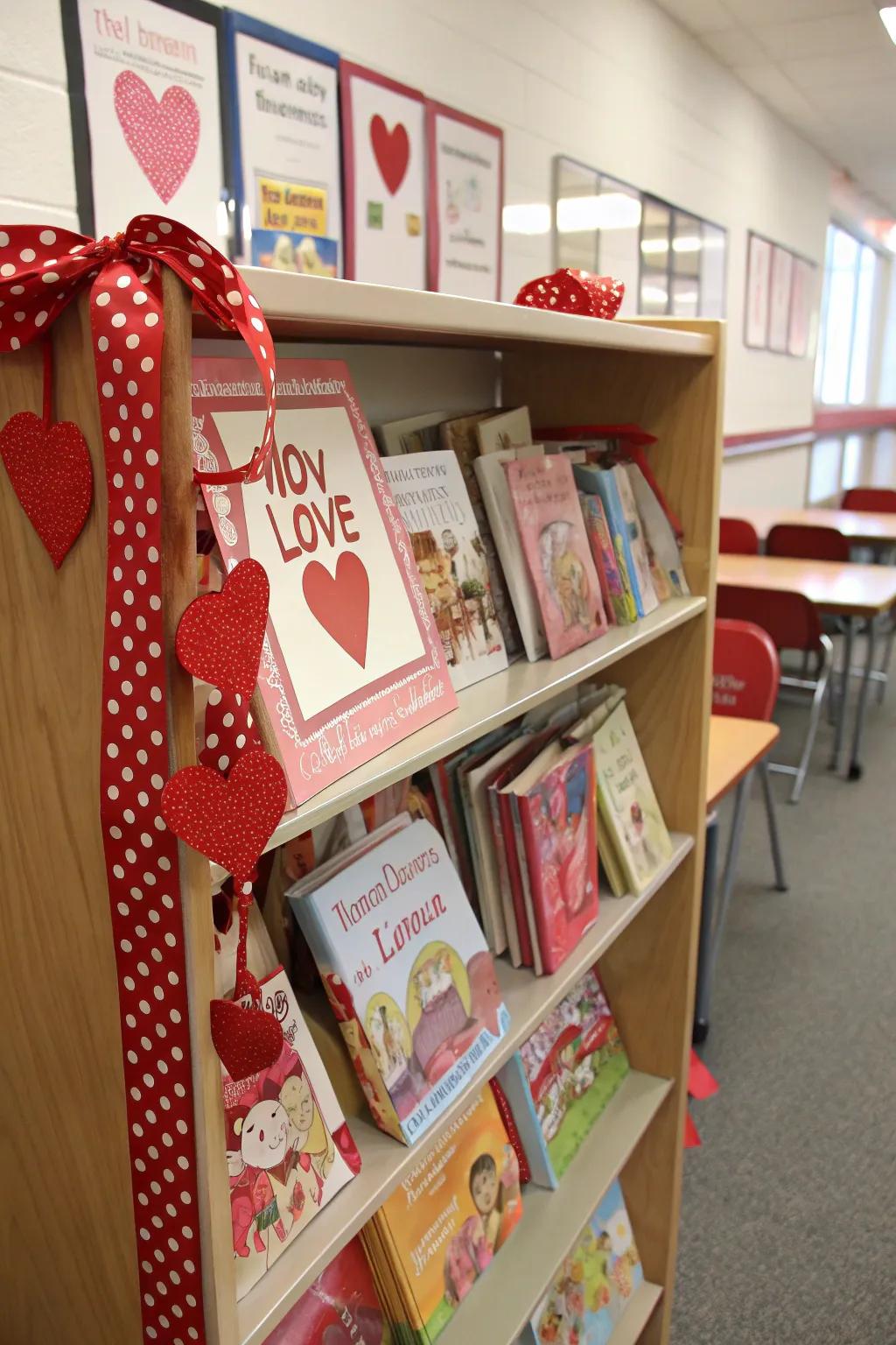A bookshelf display that welcomes pupils into tales of romance.