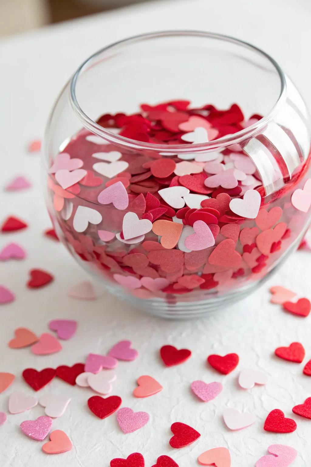Strange clear bowl filled using heart confetti