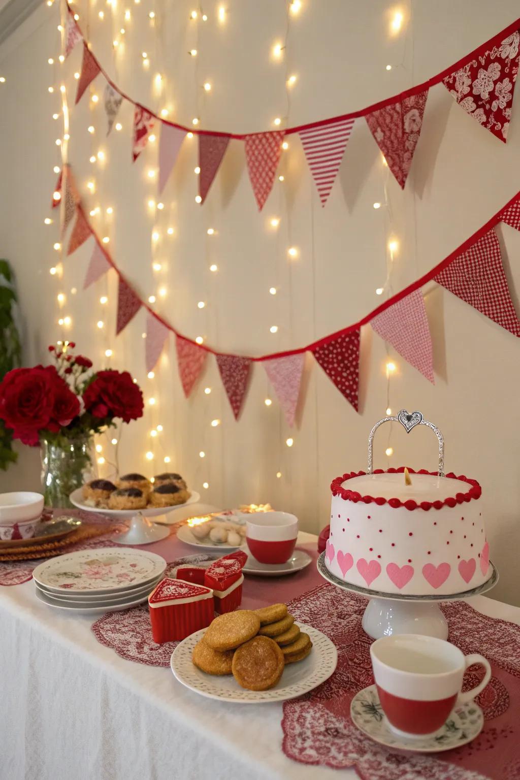 Whimsical pendants and wreaths introducing a celebratory nuance to the tea celebration.