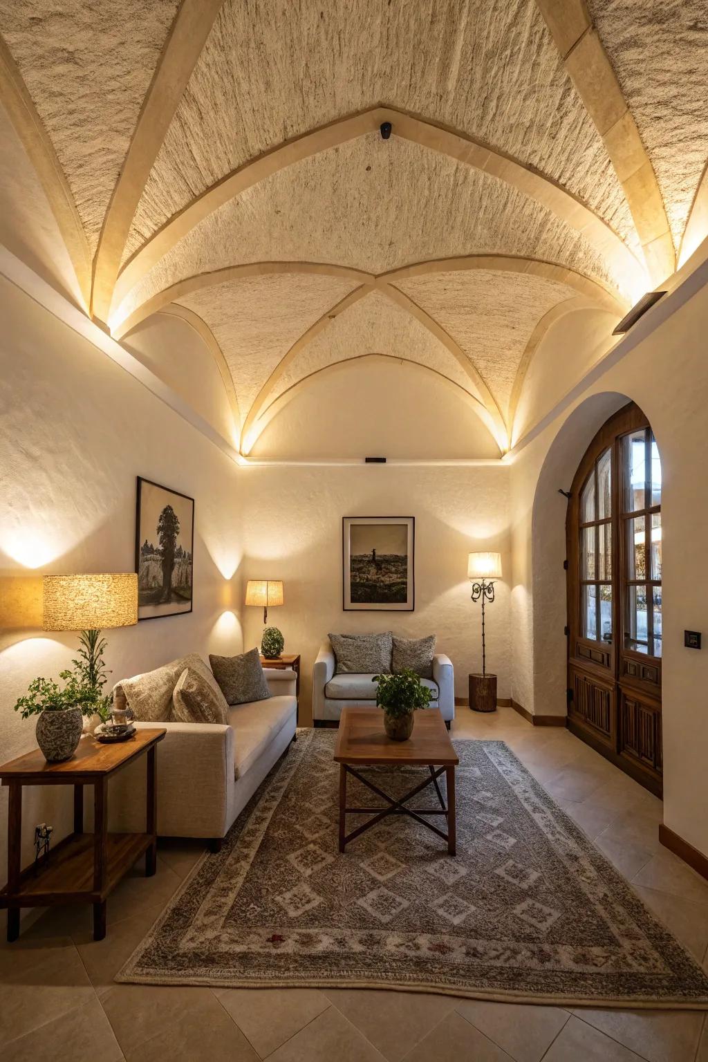 Textured paint adds depth and character to high ceilings.