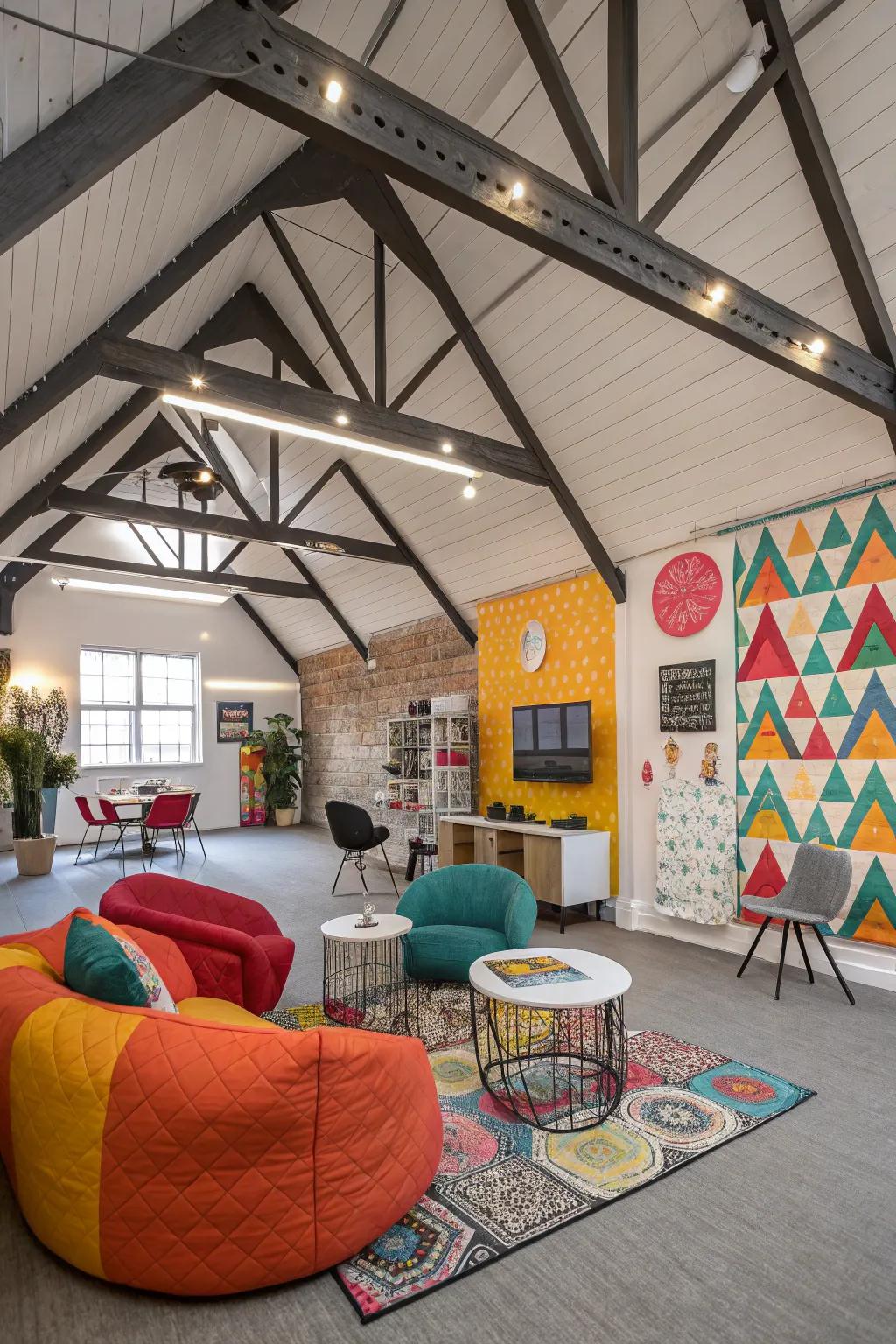 Spirited configurations created through beams with defined angles on a vaulted ceiling.