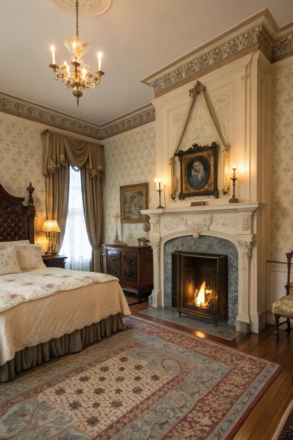 A simulated fireplace creates a cozy, authentic Victorian feel.