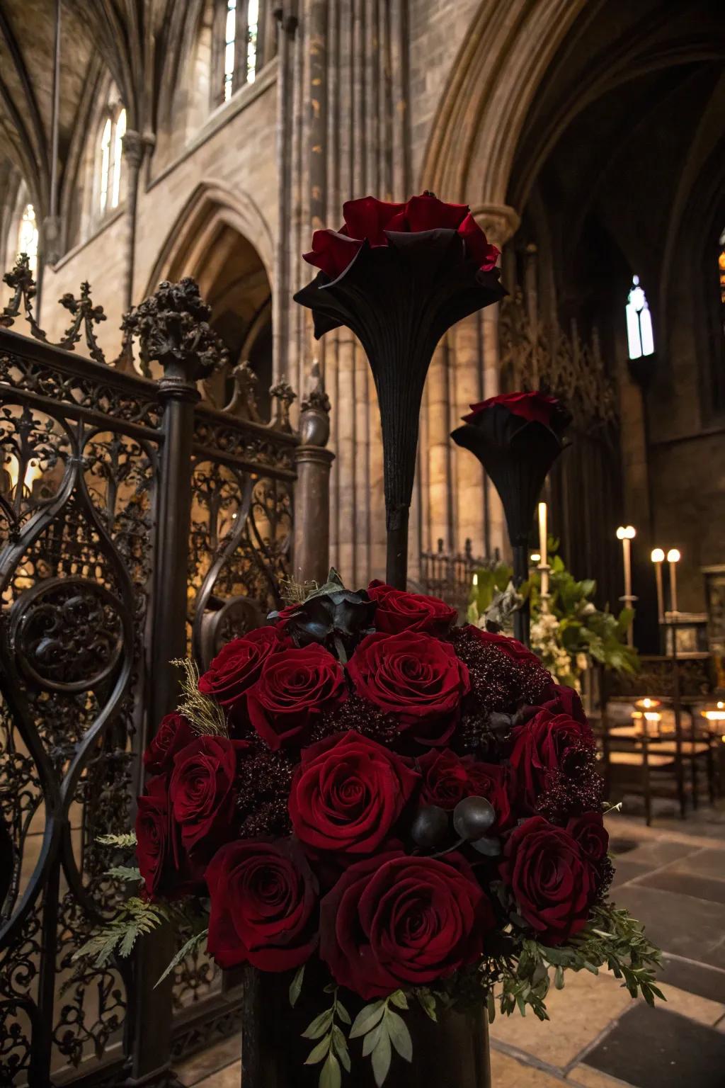 Dark floral decorations add romance and mystery.