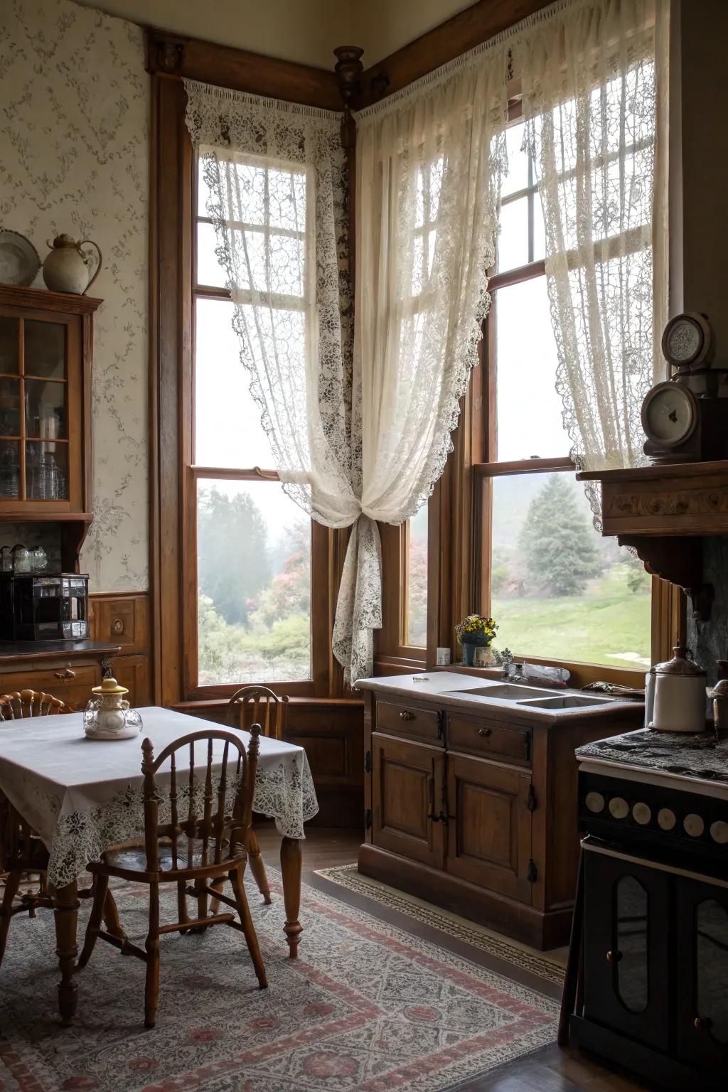 Lace curtains add elegance and control light in a Victorian kitchen.