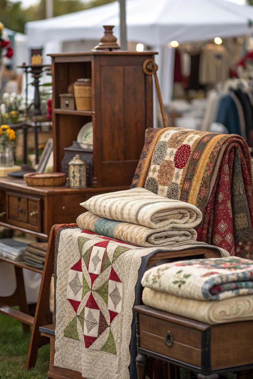 Fabrics introduce warmth and texture to vintage displays.