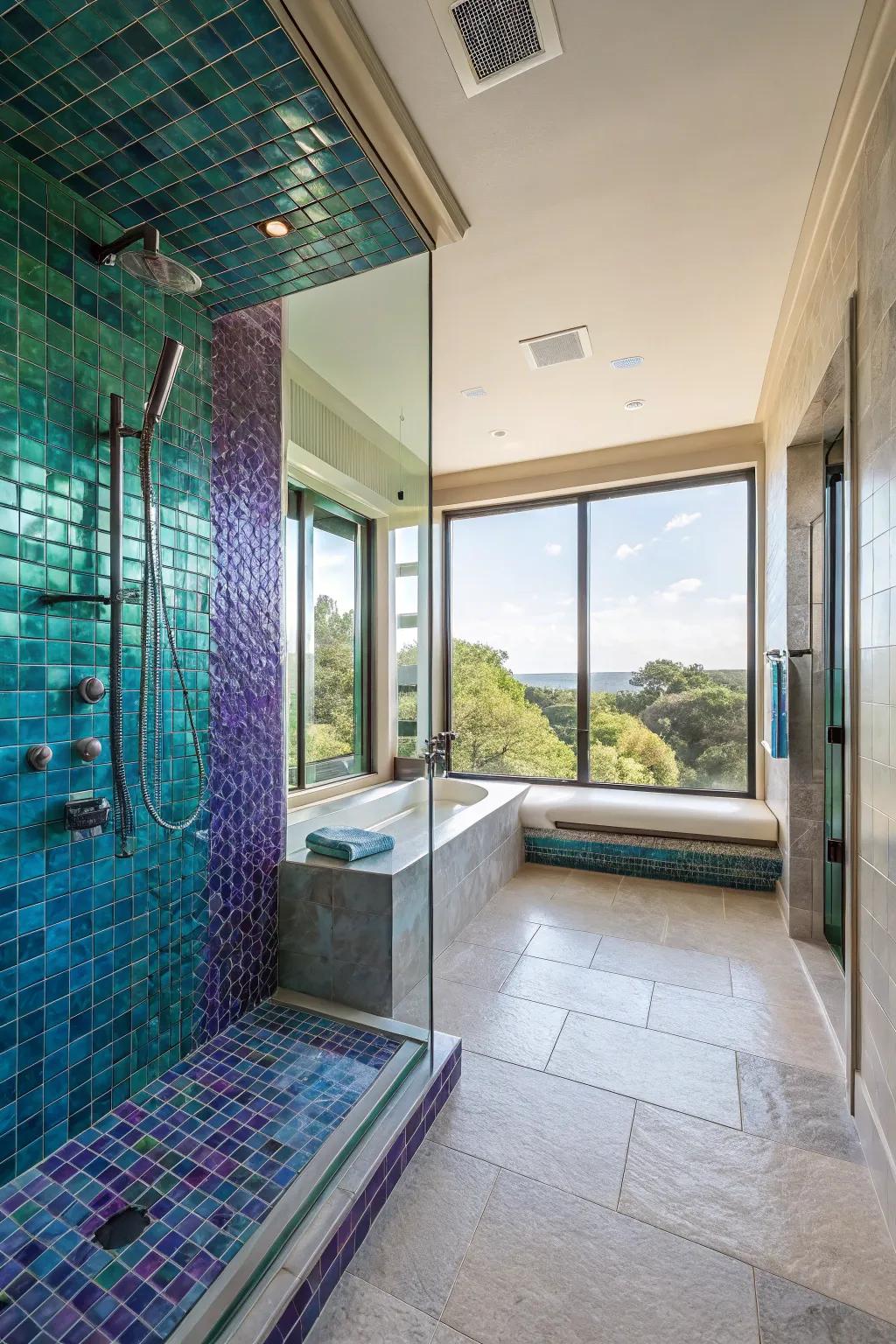 Gem-toned tiles add drama and opulence to your shower.
