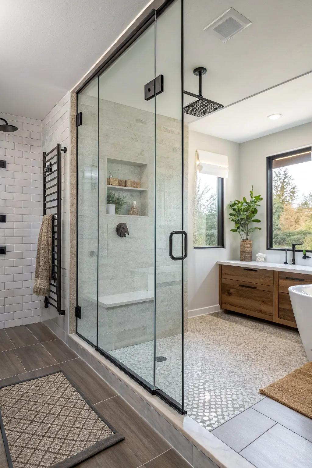 A mix of surfaces establishes a dynamic and curated look in this walk-in shower.