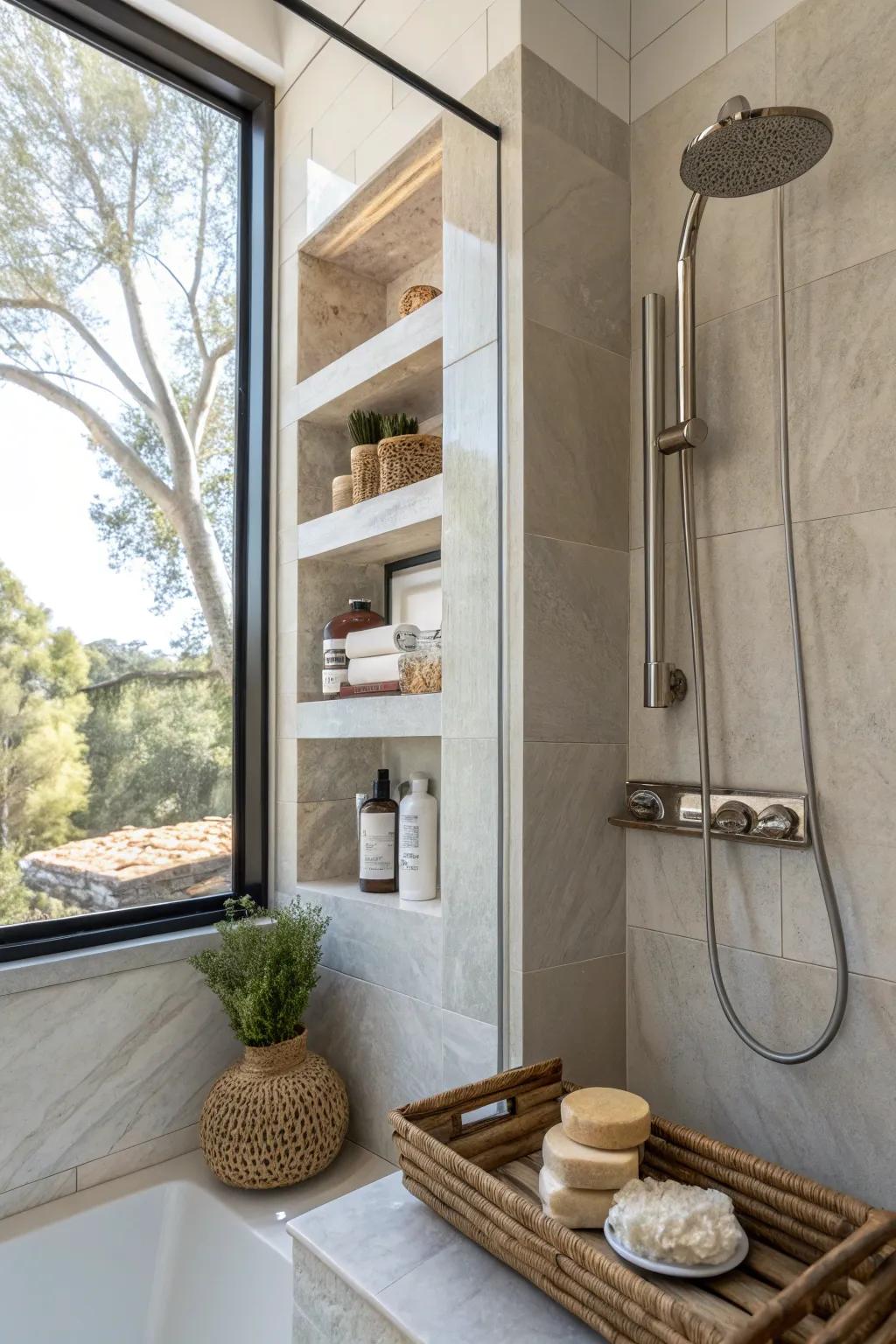 A window shelf in a walk-in shower, merging practicality with style.