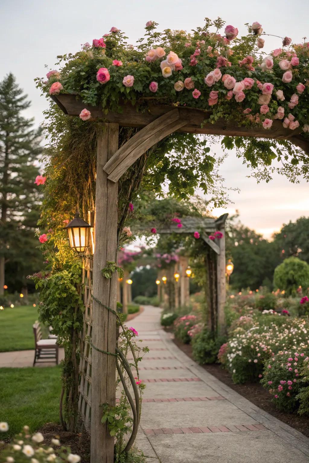 Flower-draped arches fashion a dreamy, romantic garden ambiance.