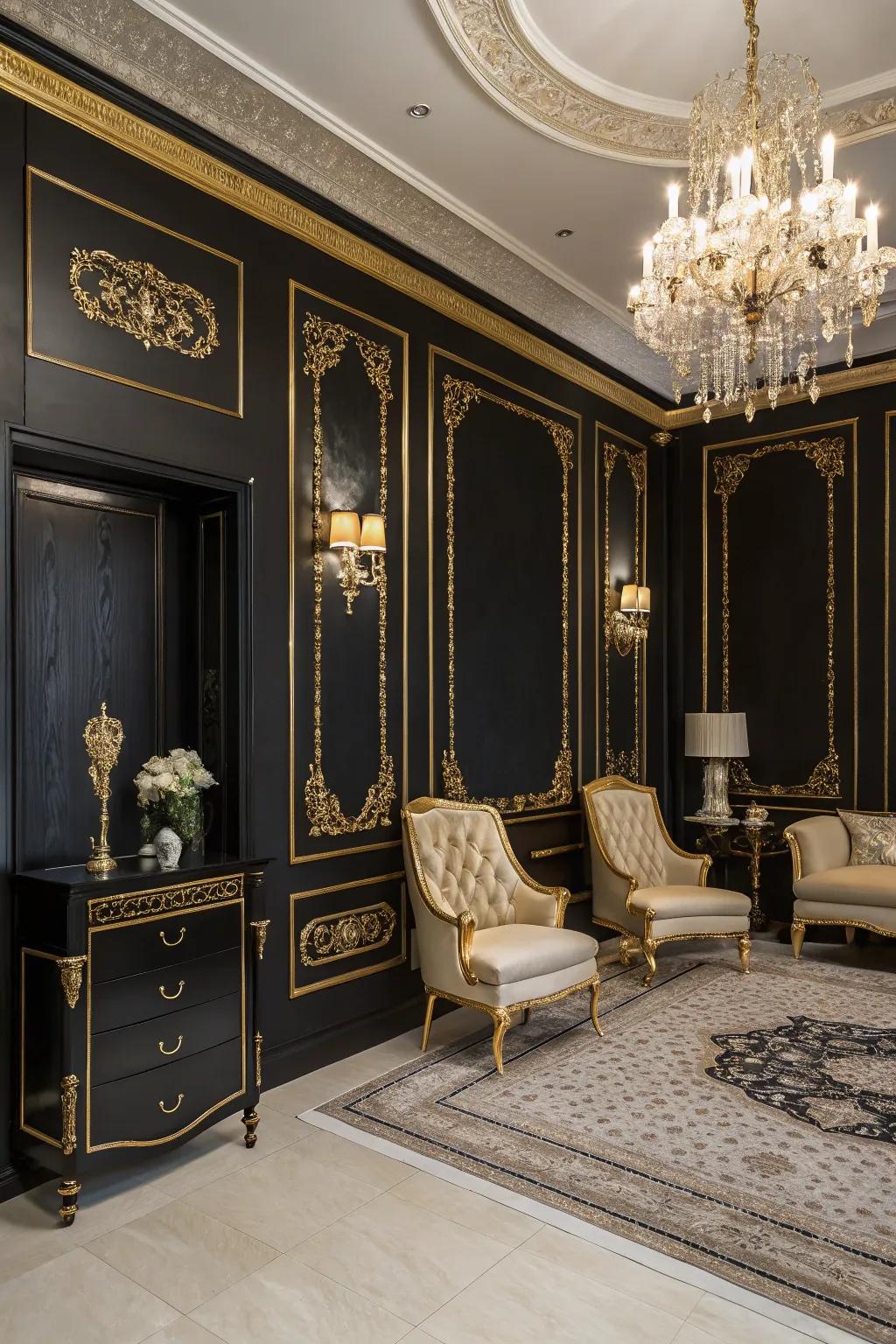 Luxury and drama featuring ebony walls and gold trim.